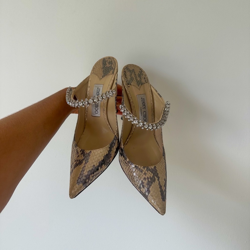 Jimmy Choo Snake Embossed Leather Mules with Crystal Strap